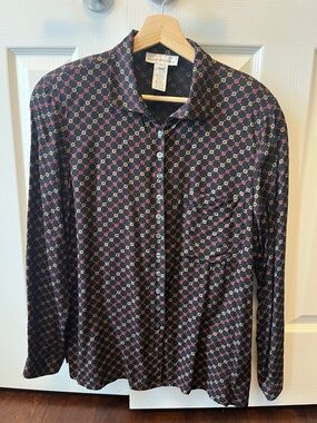 Evan Picone Black Button-Up Blouse with Red and Tan Geometric Motif